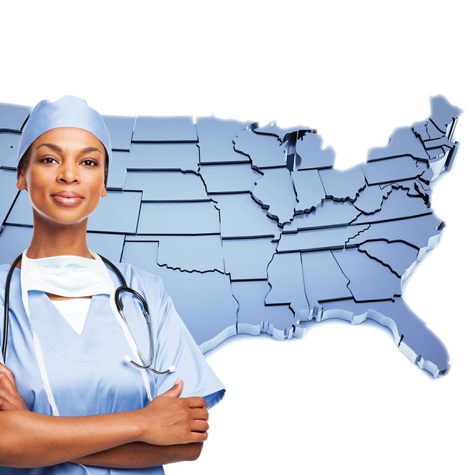 Physician standing by a map of the US